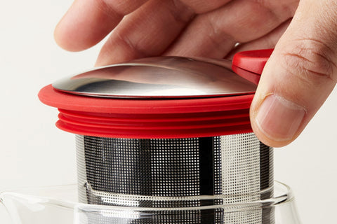 Red extra fine stainless steel tea infuser, designed for the 430ml Forlife Bell Glass Teapot