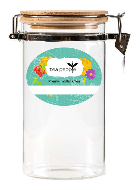 Premium clip lid glass jar with black tea label - 350g