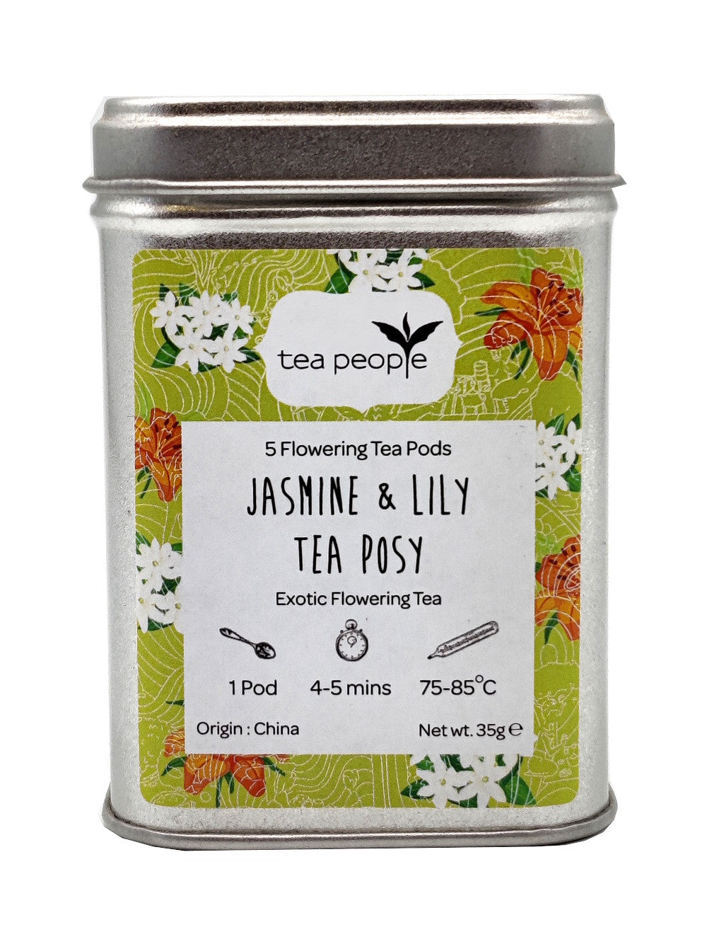 Jasmine and Lily flowering tea balls, packed in a tin