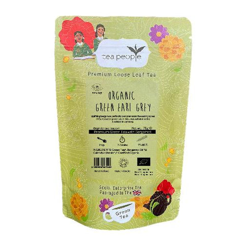 Aromatic Organic Earl Grey Loose Green Tea with bergamot and marigold petals in 75g retail pack