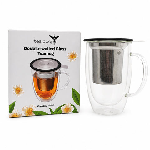 Double Walled Glass Tea Mug with Infuser- Black