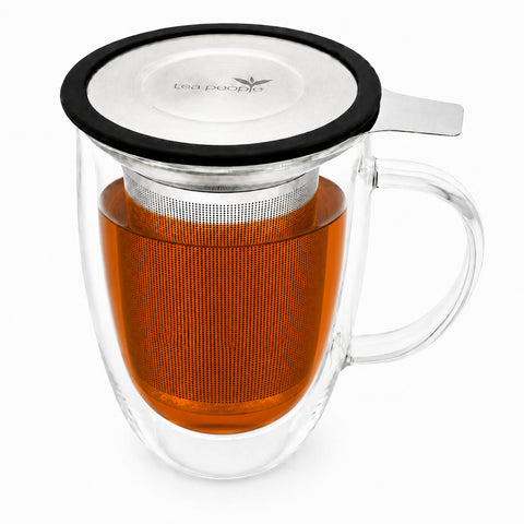 Double Walled Glass Tea Mug with Infuser- Black