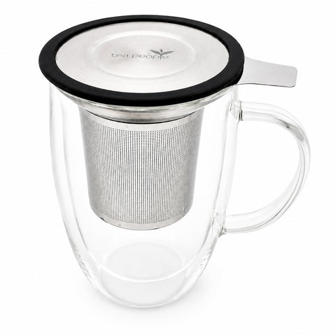 Double Walled Glass Tea Mug with Infuser- Black