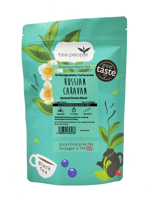 Russian Caravan Black Tea Pyramids, 50 – a classic blend of Chinese Keemun, Lapsang Souchong, and Fancy Formosa Oolong